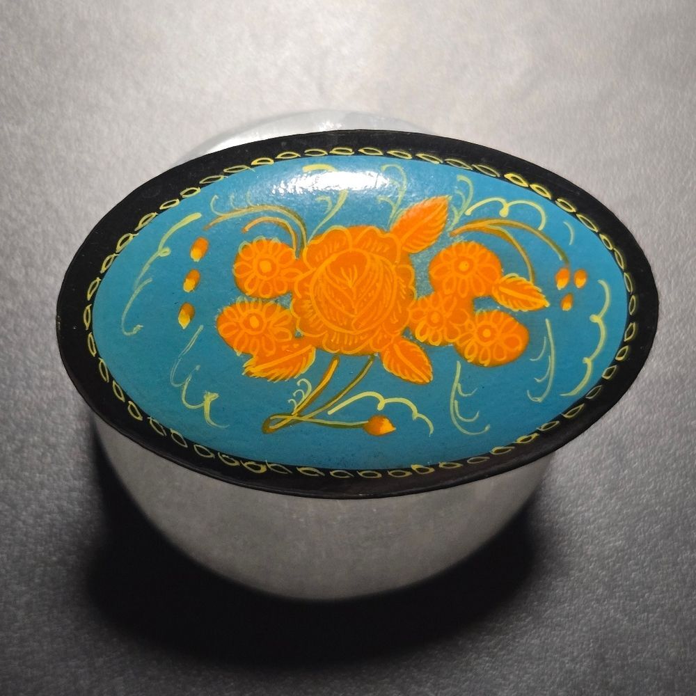 Floral Oval Russian Brooch with Orange and Blue Design Signed Vintage